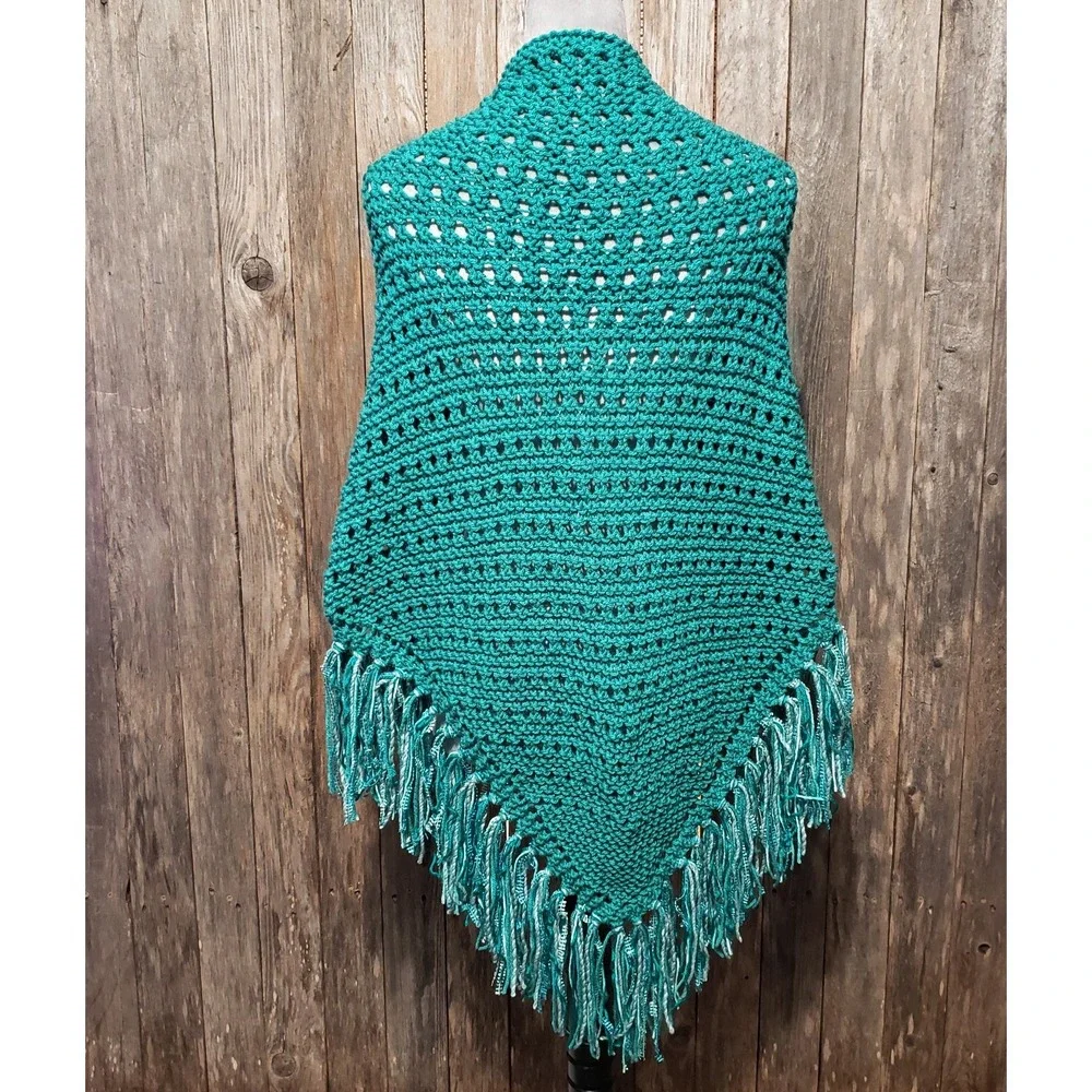 NEW Jade‎ Green Shawl Scarf Wrap Boho Eyelet Hand Knit Coastal Coquette Fairy